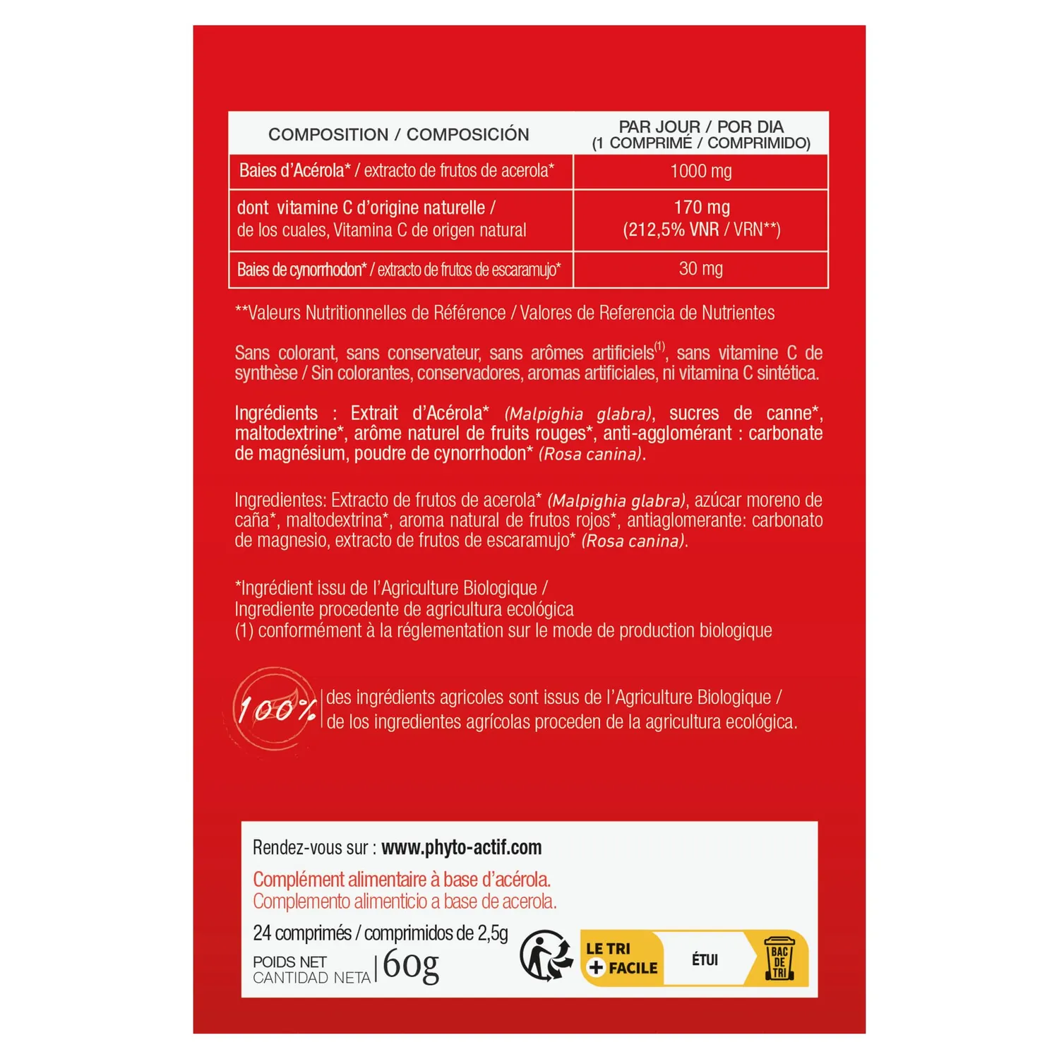Phyto-Actif Acérola Bio 1000 comprimés 24 sans sucres vitamine C