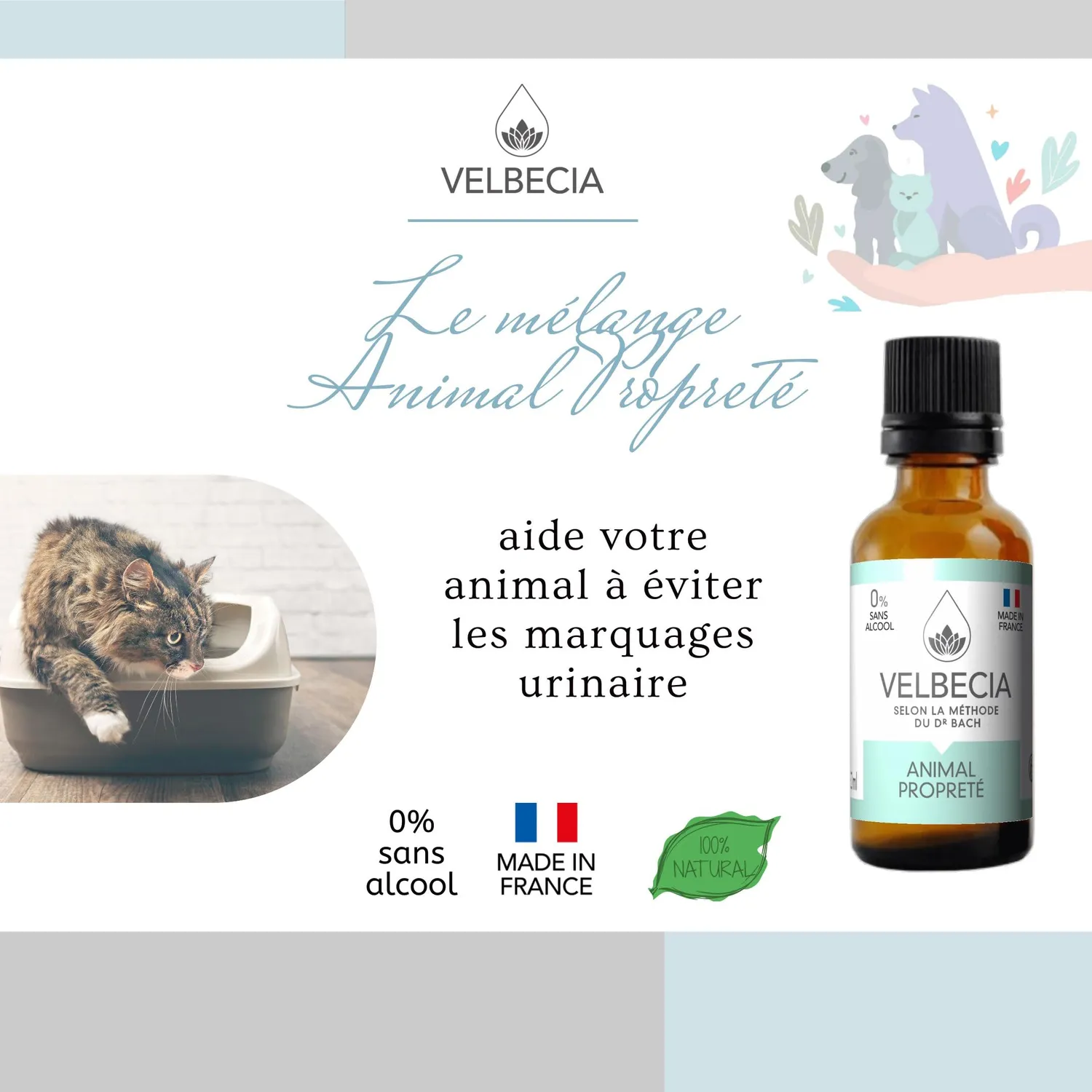 Velbecia Animal propreté élixir fleurs de Bach 30ml +1 offert sans alcool