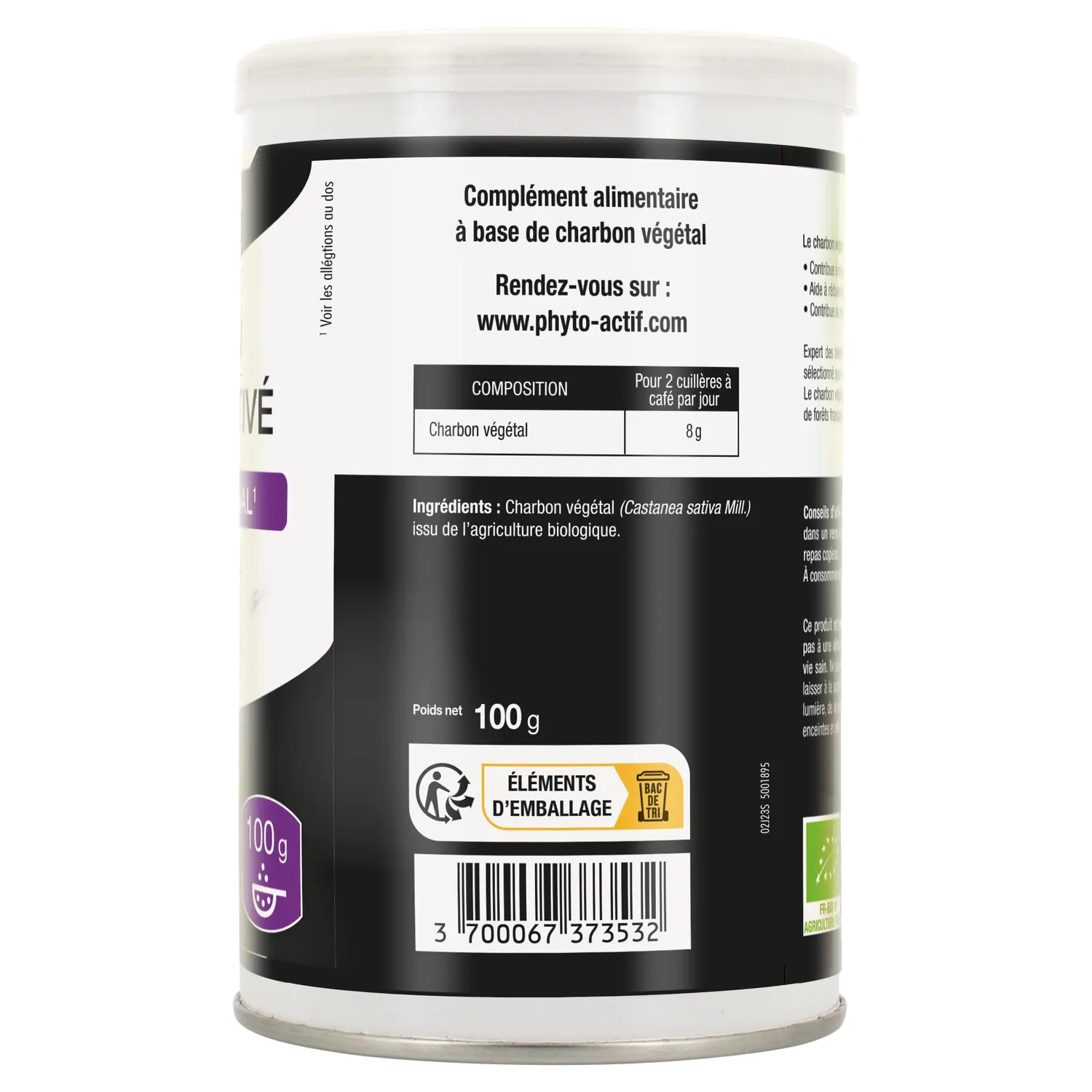 Phyto-Actif Charbon Végétal Bio poudre 100g digest