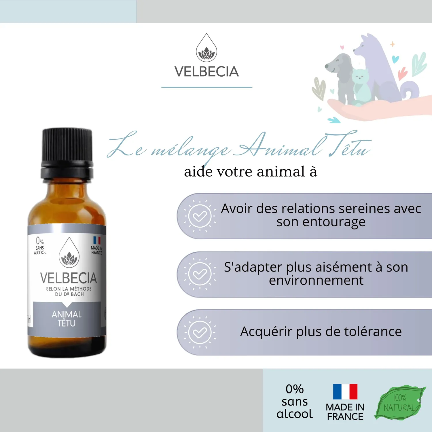 Velbecia Animal têtu élixir fleurs 50ml sans alcool écoute