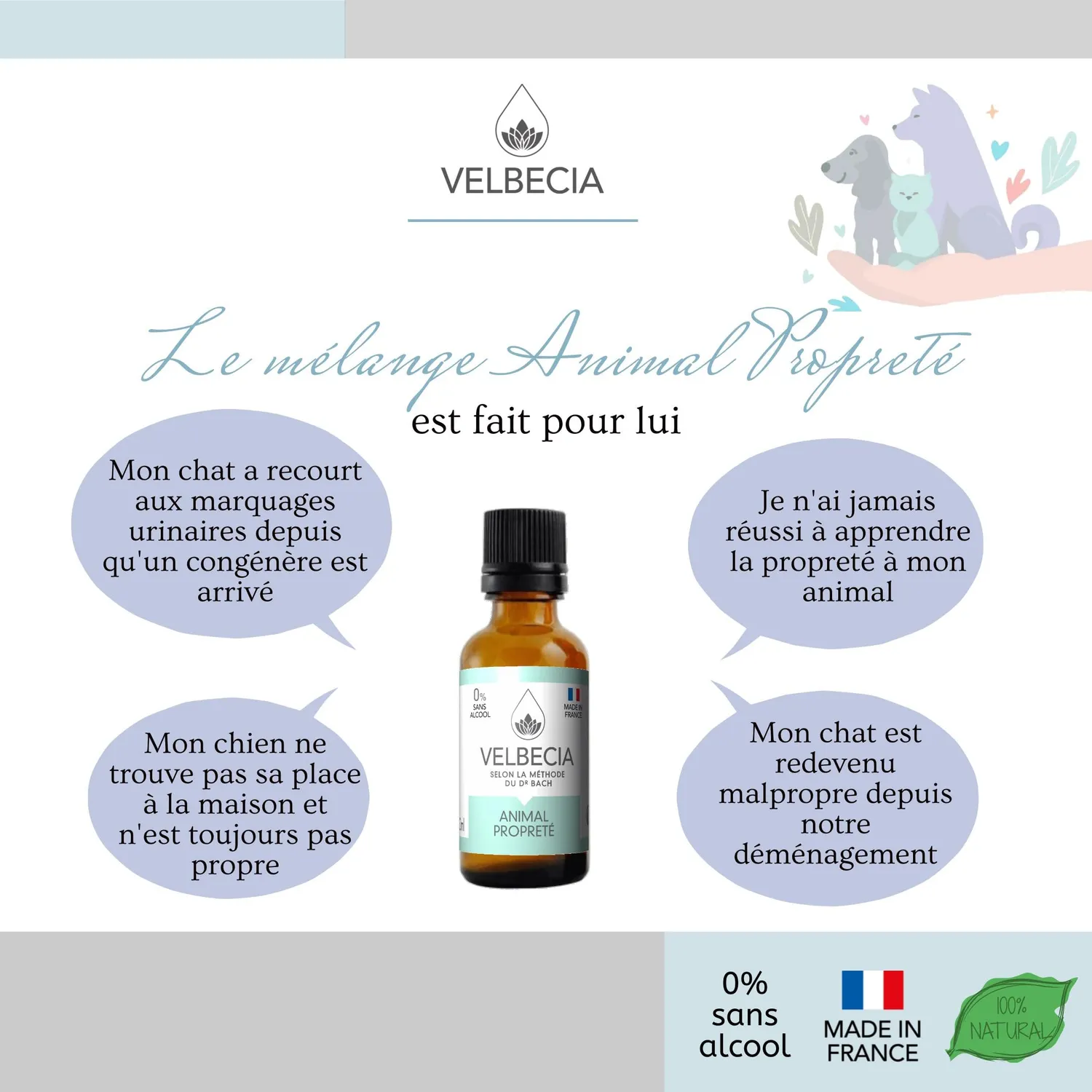 Velbecia Animal propreté élixir fleurs de Bach 30ml +1 offert sans alcool