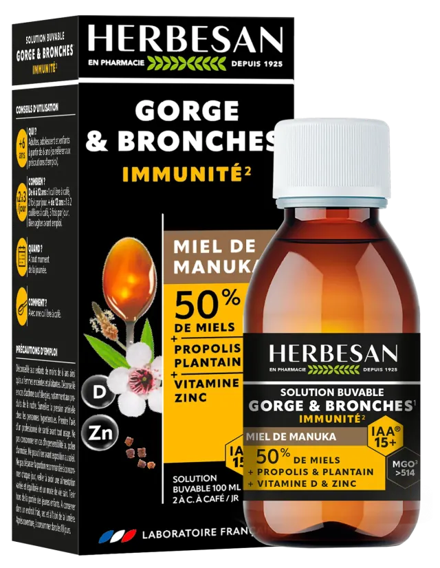 Herbesan Gorge et Bronches solution buvable miel manuka