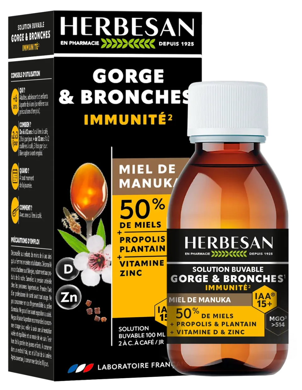 Herbesan Gorge et Bronches solution buvable miel manuka
