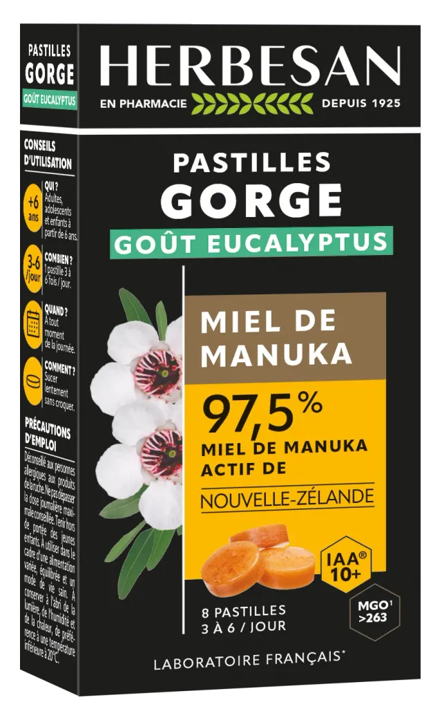 Herbesan Manuka IAA10+ Eucalyptus pastilles miel gorge