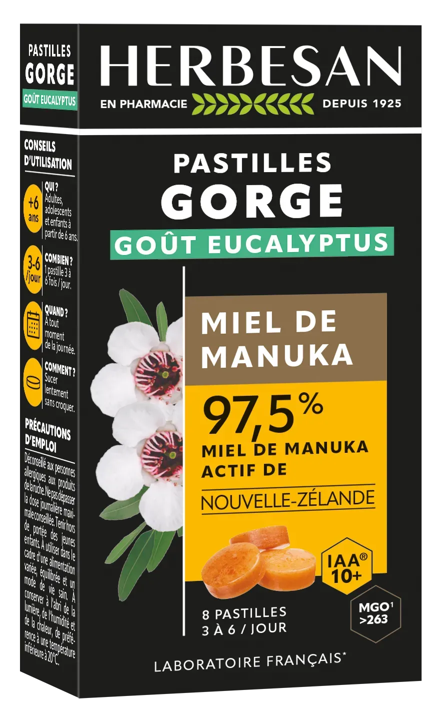 Herbesan Manuka IAA10+ Eucalyptus pastilles miel gorge