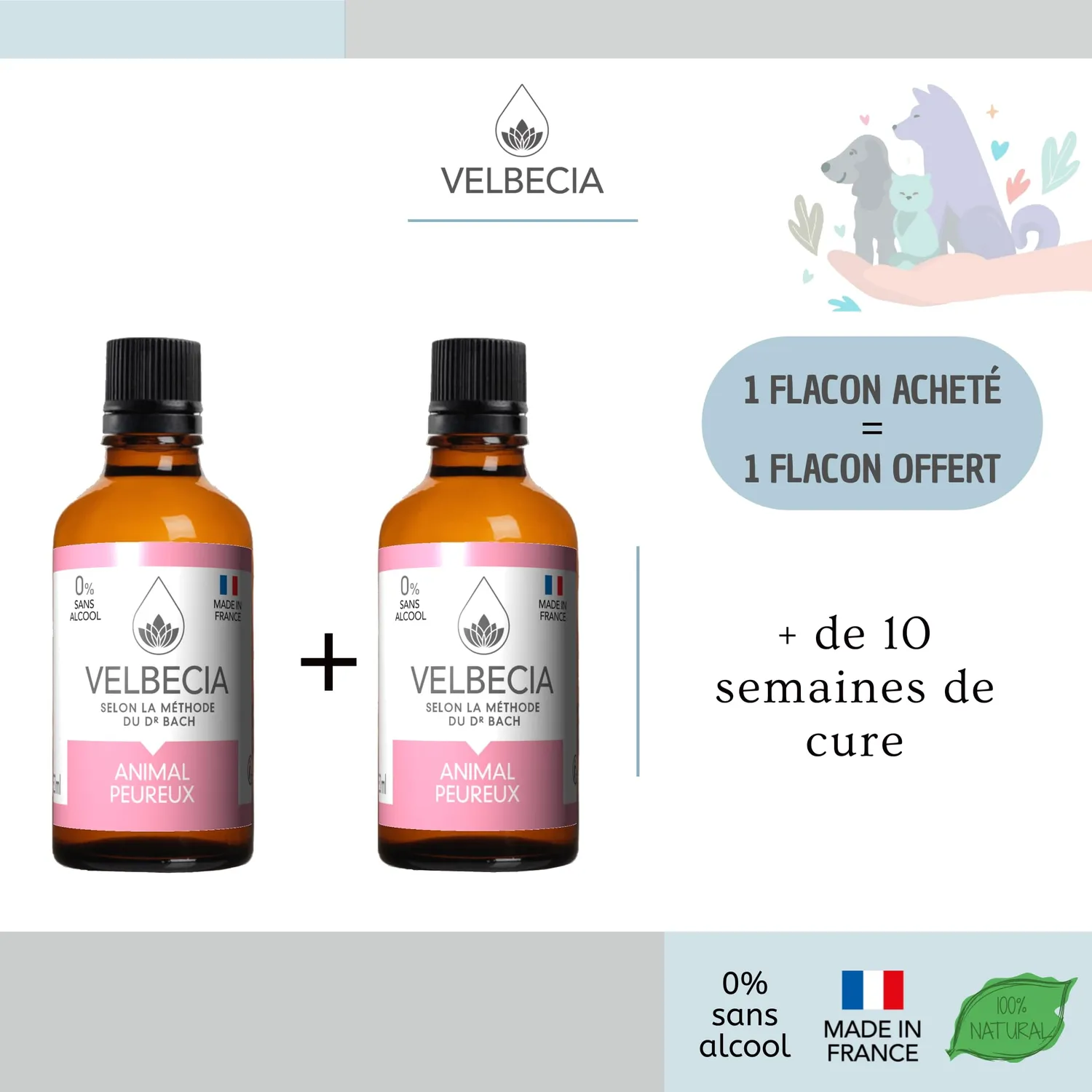 Velbecia Animal peureux élixir fleurs de Bach 50ml +1 offert sans alcool