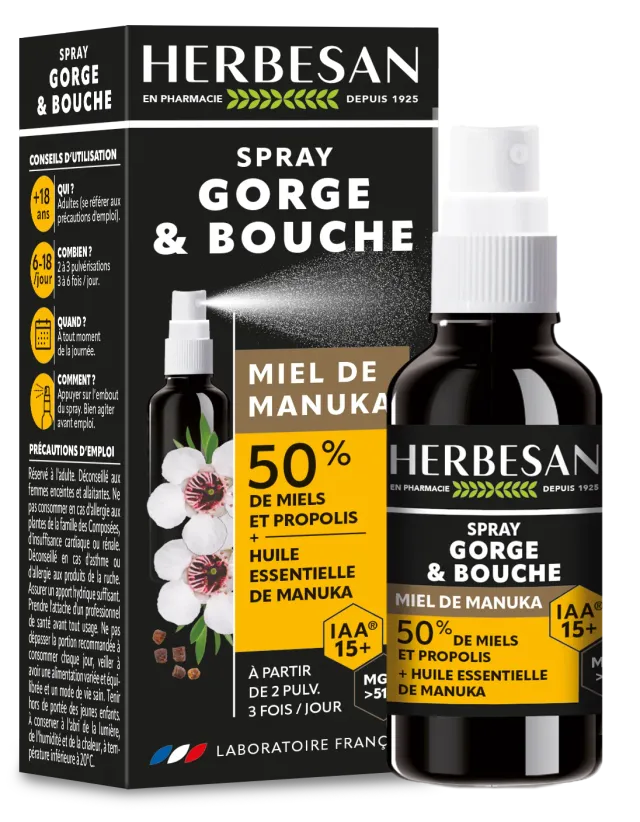 Herbesan Miel Manuka IAA15+ spray gorge bouche