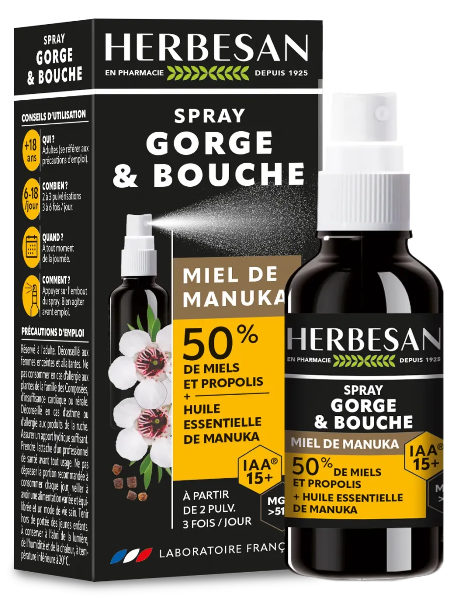 Herbesan Miel Manuka IAA15+ spray gorge bouche