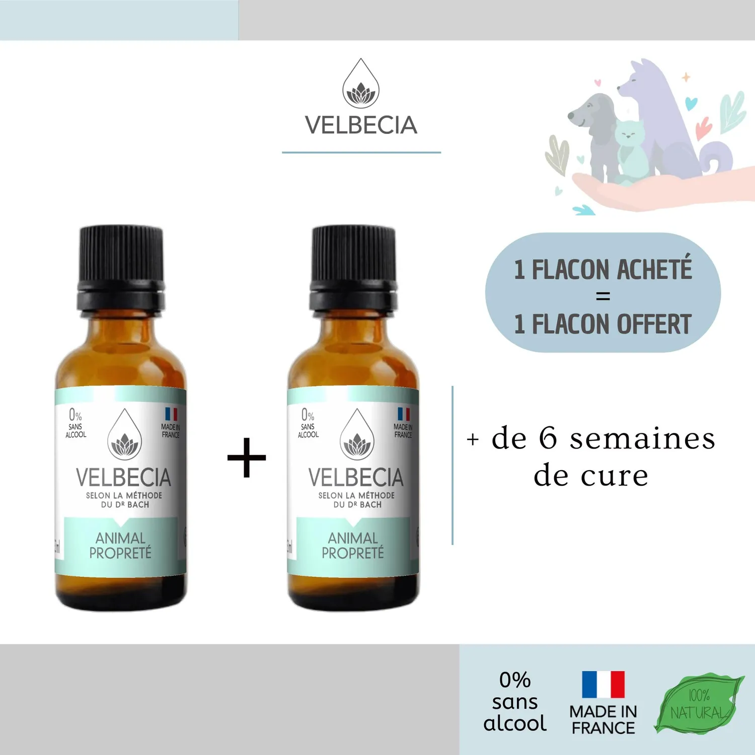 Velbecia Animal propreté élixir fleurs de Bach 30ml +1 offert sans alcool