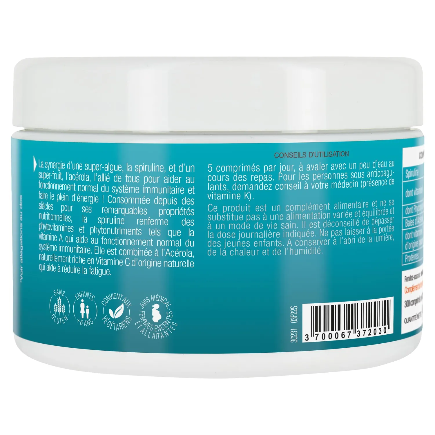 Phyto-Actif Spiruline Acérola comprimés immunité 300