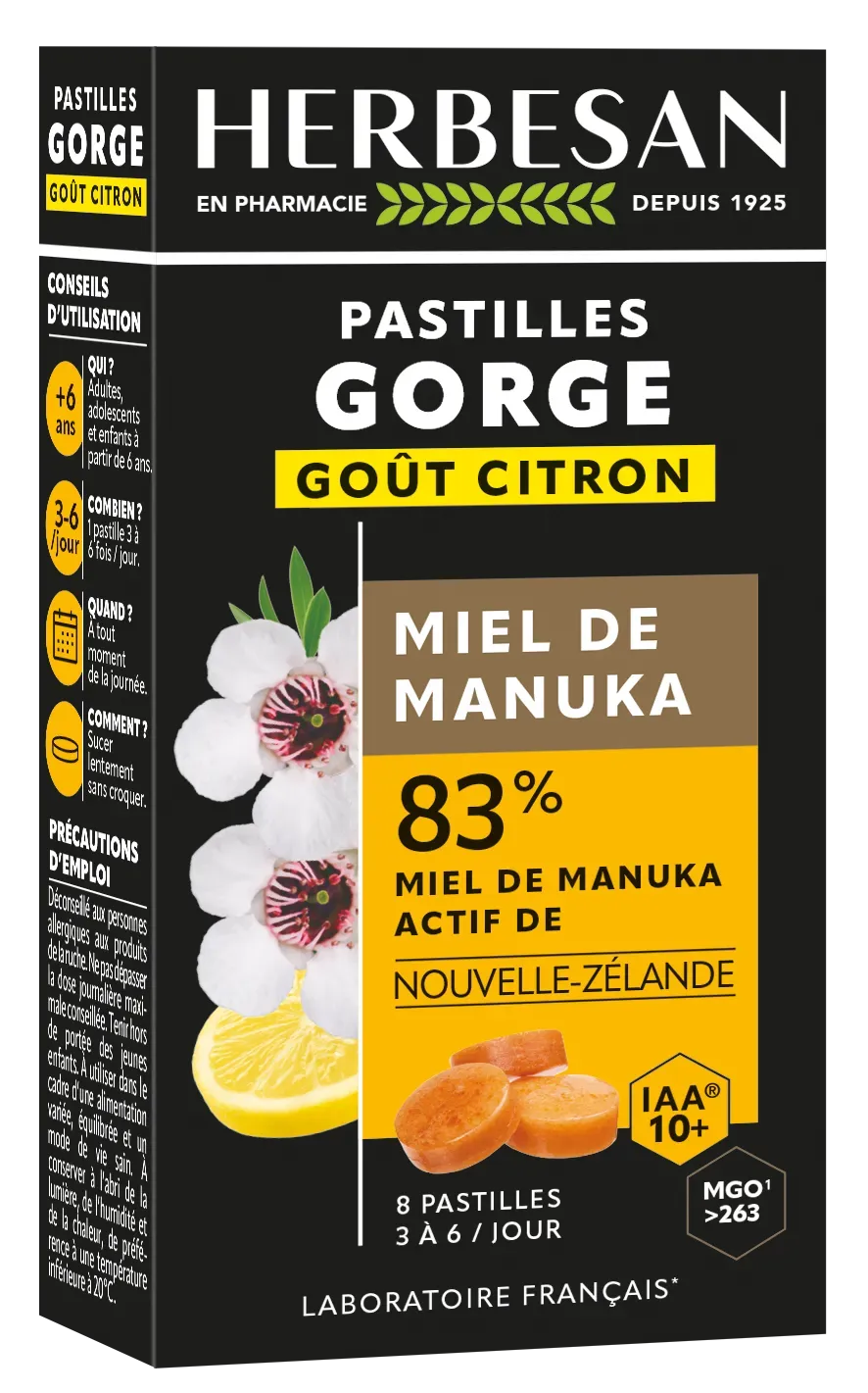 Herbesan Manuka IAA10+ Citron pastilles miel citron